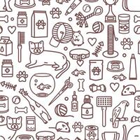 Seamless pattern with pet products and domestic animals drawn with contour lines on white background. Monochrome illustration in lineart style for fabric print, wrapping paper, wallpaper vector