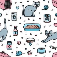 Seamless pattern with pet shop products for cats home keeping on white background. Colorful illustration in modern line art style for textile print, wrapping paper, wallpaper, backdrop. vector