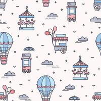 Seamless pattern with amusement park attractions. Backdrop with carousels, food carts and air balloons. Colorful illustration in line art style for wrapping paper, textile print, wallpaper vector