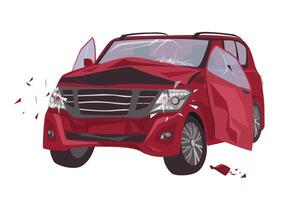 Automobile damaged by collision isolated on white background. Wrecked or crashed auto. Result of traffic or motor vehicle accident or car crash. Colorful illustration in flat cartoon style vector