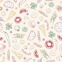 Seamless pattern with delicious pizza toppings or ingredients hand drawn with colorful contour lines on light background. Realistic illustration for wrapping paper, backdrop, fabric print vector