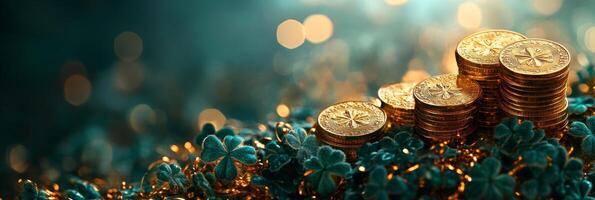 Banner with Stacks of gold coins and green clover with bokeh background and copy space for text photo