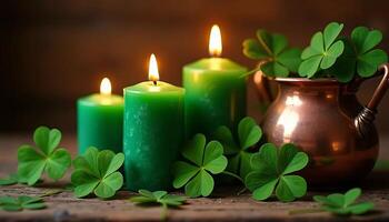 four-leaf clovers and candles on a wooden table on St. Patrick's Day photo