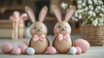 Easter DIY craft bunnies with easter eggs on a wooden background photo