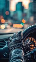 Luxury Drive with Leather Gloves against Cityscape Backdrop for Automotive Style Visuals photo