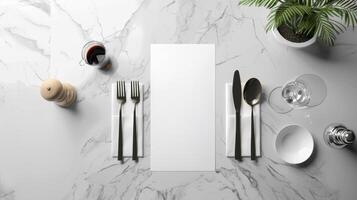 Elegant Double-Sided Menu Mockup for Fine Dining on Marble Table Setting photo