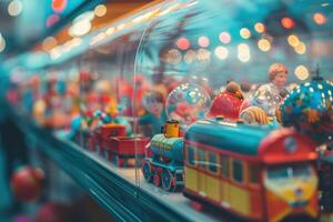 Colorful Toy Trains and Dolls Displayed in a Donation Bin at a Festive Community Event photo