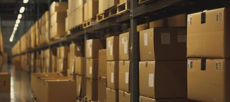 Branded Delivery Boxes Stacked on Pallets in Modern Warehouse - Ready for Shipping photo