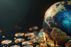 Global Finance Concept. Coins Orbiting a Digitally Rendered Globe on Gold and Blue Gradient Background photo