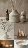Wellness Moodboard. Aromatherapy Essentials with Diffusers and Candlelight for Relaxation and Serenity photo