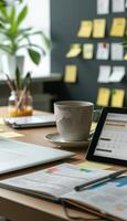 Organized Workspace with Digital Calendar and Coffee for Efficient Project Planning photo