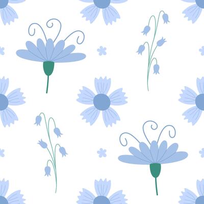 Seamless pattern of blooming spring, blue flowers. Illustration of endlessly repeating ornament.