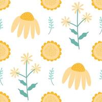 Seamless pattern of blooming summer flowers in yellow color. Illustration of endlessly repeating ornament. vector