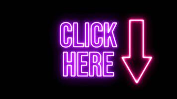 Neon Click here glowing text animation with arrow indicate below motion graphic for your creative work video