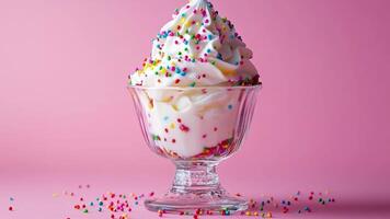 animation of Colorful Ice-cream with sprinkles in a glass jar against a pink background video