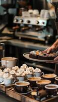 Cozy Cafe Vibes Barista Serving Plum Cake with Lattes and Caramel Macchiatos for Marketing photo