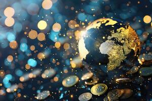 Global Finance Concept. Coins Orbiting a Digitally Rendered Globe on Gold and Blue Gradient Background photo