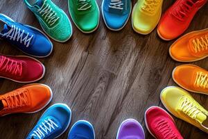 Vibrant Display of Colorful Badminton Shoes on Wooden Floor for Style and Functionality photo