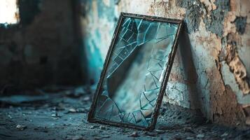 Fragmented Memories. Cracked Mirror in Abandoned Room for Conceptual Photography and Design photo