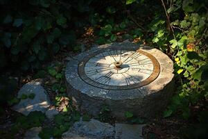 Weathered Sundial in Lush Overgrown Garden Symbolizing Time's Passage photo
