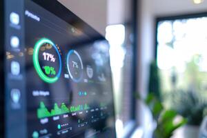 Smart Home Dashboard Displaying Energy Usage, Solar Generation, and Battery Data on Touchscreen photo