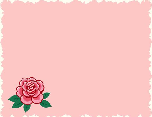A pink background with a white border, a red rose, and a flower design adjacent to the rose.
