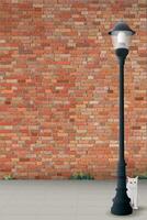 Old red brick wall vertical background with the sidewalk and lighting pole have a cat behind graphic illustration. vector