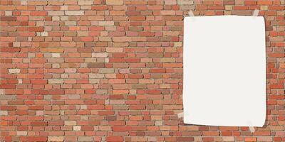 Old red brick block wall rough texture background with old blank white poster graphic illustration. vector