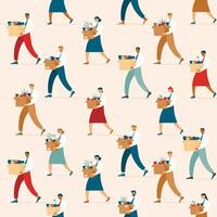 People moving boxes and boxes in a seamless pattern vector