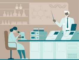 A man and woman in lab coats are working on a project vector