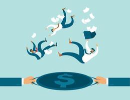 Businessman falling from the tray with money falling from the sky vector