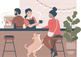 People sitting at a bar with a dog and a woman vector