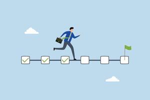 Project management, entrepreneur project leader progressing through finished checklist to achieve objective. vector