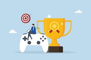 Gamification, man with computer laptop on game joystick with trophy award. vector