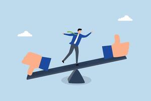 Demerit and merit evaluation, businessman teetering on a seesaw with thumbs up and down. vector