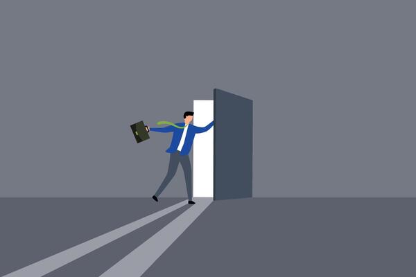 Open the door to find new opportunity, entrepreneur opens the door to witness bright light streaming in.