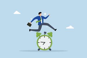 Punctual being on time or time management, confidence businessman jump over alarm clock. vector