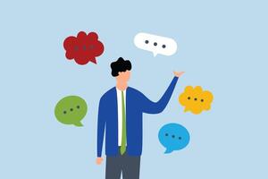 oral communication skill, entrepreneur engaging in conversation with several dialogue boxes. vector