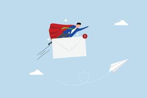 Sending email to communicate with client, professional businessman hero deliver big email envelope. vector