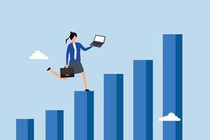 Growth, businesswoman using laptop approaches ascending graph and chart vector