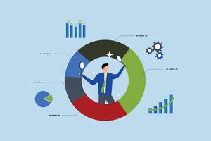 Analyze data, entrepreneur using magnifying glass to examine pie chart information. vector