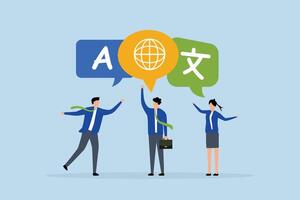 Language learning, young adults conversing with foreign international language symbol. vector