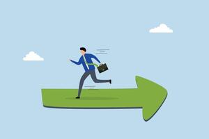 Wrong direction lead to mistake, perplexed entrepreneur sprinting in the incorrect direction of the trend arrow. vector