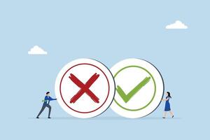 Pros and cons, business individuals carrying large advantages and disadvantages, correct and incorrect symbols. vector