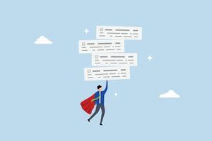 Task management, entrepreneur hero soaring with finished project boards. vector