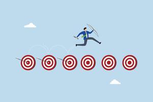 Goal tracking, Entrepreneur with bow and arrow leaps towards accomplished goals. vector