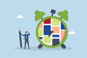 Task management, project manager grips pencil with assignment on timer. vector