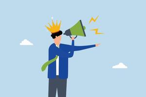 Big boss, angry business leader yelling into megaphone while gesturing direction. vector