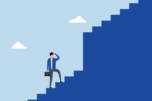 Challenge to overcome difficulty, businessman walk up stair to find huge difficult step. vector