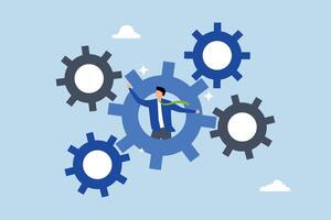 Process and workflow optimization, businessman on gear, cogwheels optimize process. vector